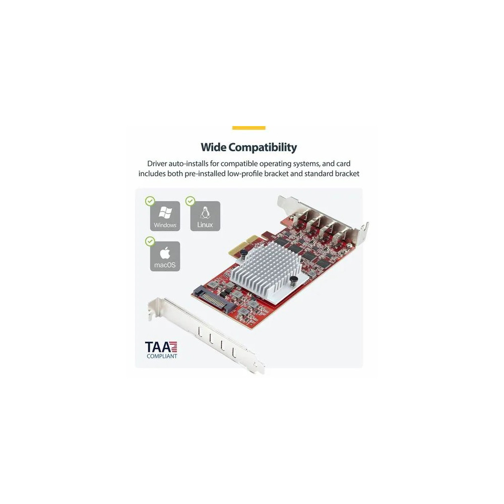 StarTech P10Q4C-USB-CARD-LP USB Adapter - PCI Express x4 - 1.25 GB/s, 640 MB/s, 60 MB/s, 1.50 MB/s, 140.80 kB/s - Desktop, Server, Smartphone - Internal - Red - TAA Compliant - UASP Support - 4 Total USB Port(s)1 SATA Port(s) - PC, Mac - Image 6