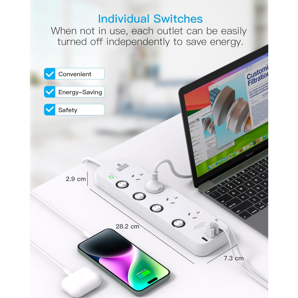 Chosen Brother POWCB422D Individual Switch Powerboard with 4 AC Outlets, 2 USB-A and 2 USB-C, Surge Protector 1.5M Extension Cord, 350 Joules, Overload Protection - Image 4