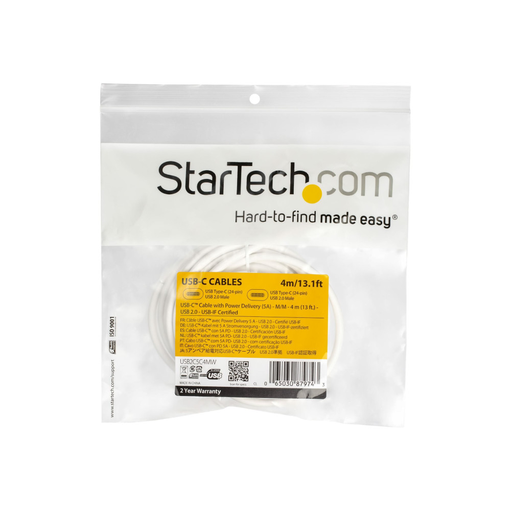 StarTech USB2C5C4MW 4M USB-C 2.0 CABLE, 5A PD, TB 3 COMPATIBLE, WHITE, 2YR - Image 1