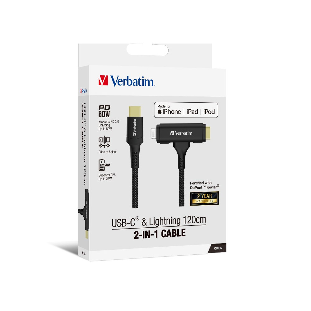 Verbatim 66974 2-in-1 Cable Type C to C & Lightning Kevlar Slide 120cm -BLK - Image 1