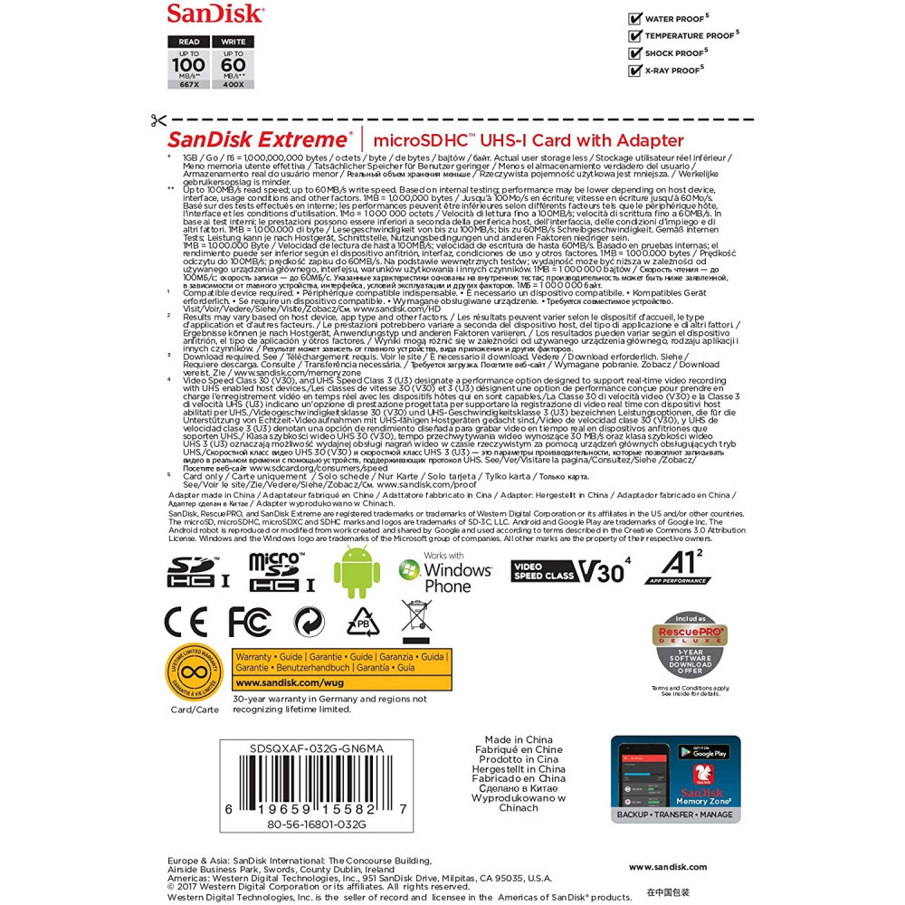 Sandisk SDSQXAF-032G-GN6MN 32GB MICRO SDHC EXTREME A1 V30, UHS-I/ U3, 100MB/s ,NO SD ADAPTER - Image 4