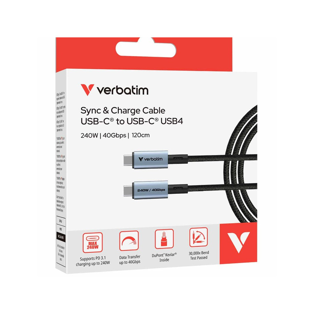 Verbatim 31847 Sync & Charge USB-C to USB-C USB4 Cable, 240W PD 3.1, 40Gbps data transfer, Kevlar core, 30,000 bend tested, 120cm - Image 1