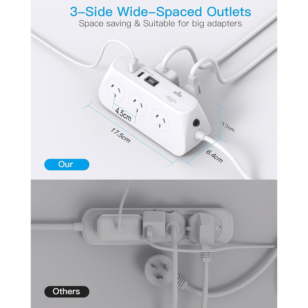 Chosen Brother POWCB622D 6-outlet Powerboard with 2 USB-C 2 USB-A, 350J Surge Protection, 1.5M Extension - Image 4