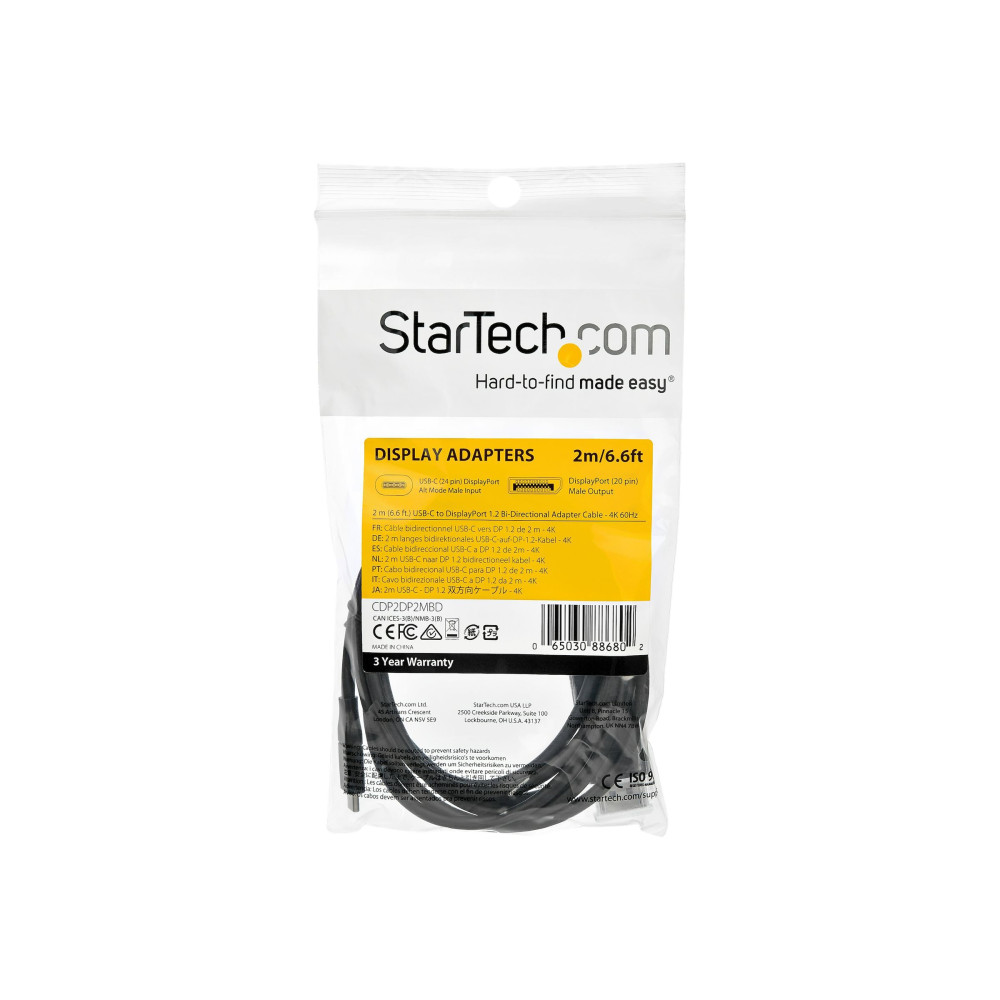 StarTech CDP2DP2MBD 2M USB-C (T/BOLT3) TO DP1.2 ADAPTER CABLE, 4K, 3YR - Image 1