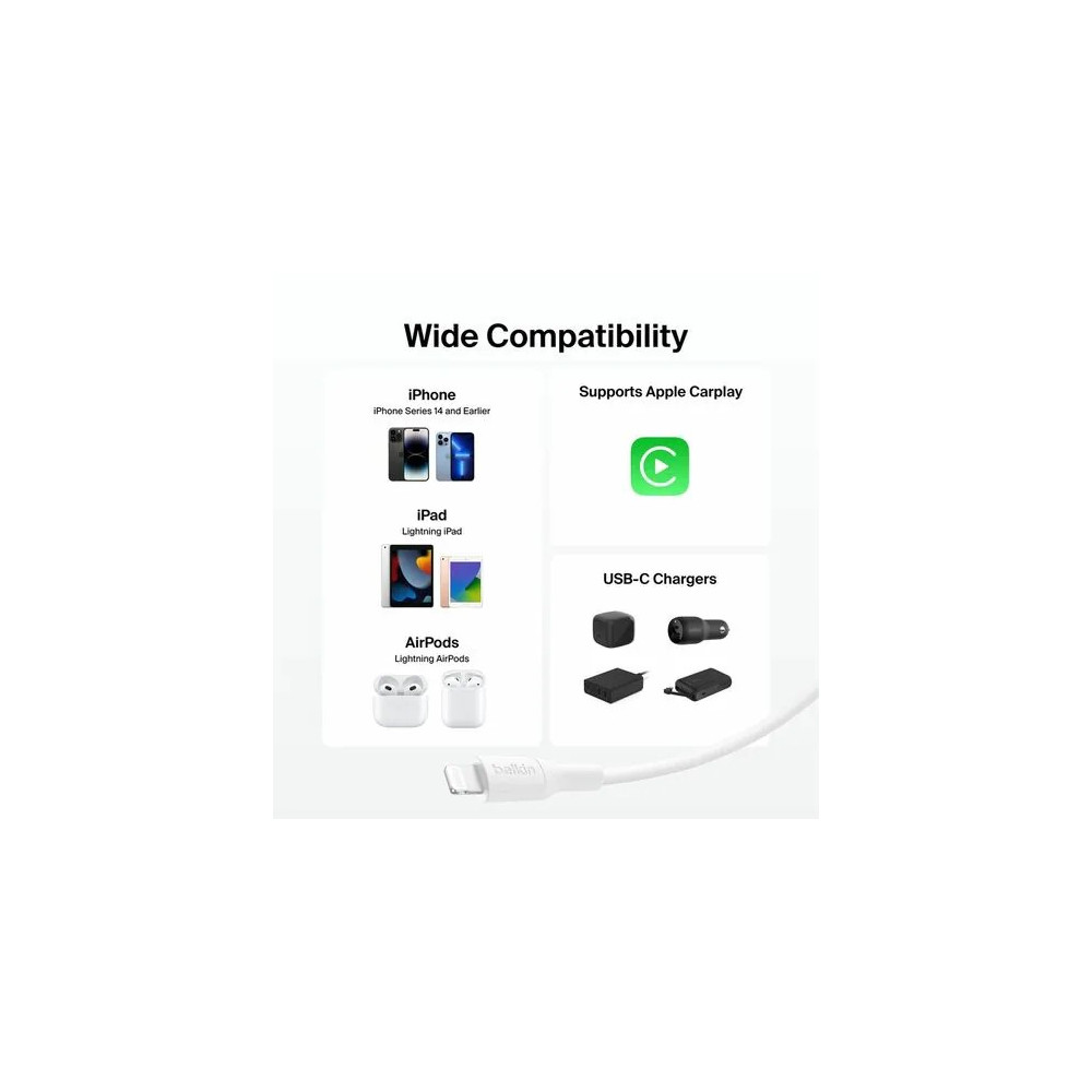 Belkin CAA022FQ2MWH BoostCharge Pro 2 m Lightning/USB-C Data Transfer Cable - Cable for iPhone, iPad Air, iPad Pro, iPad mini - First End: 1 x Lightning - Male - Second End: 1 x USB Type C- Male - MFI - White - Image 8