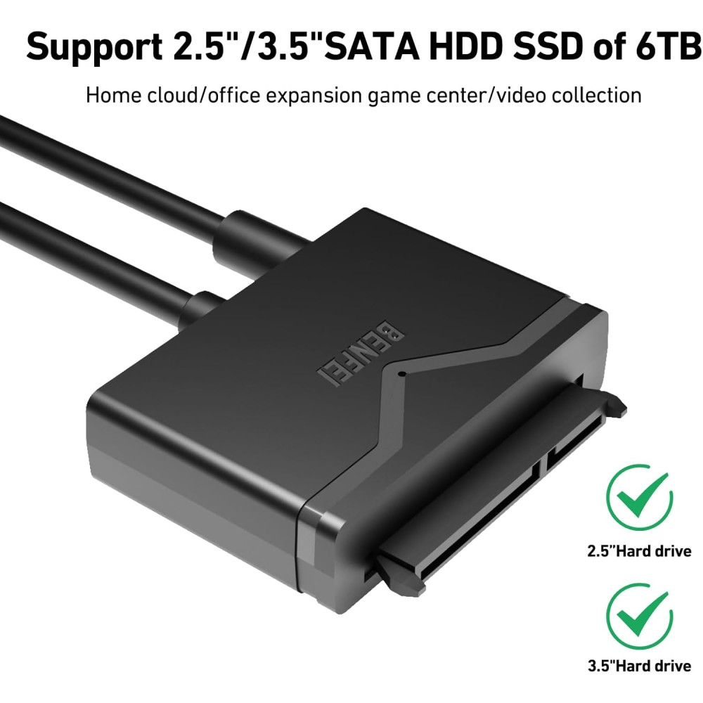 BENFEI 6971785940437 000221BK USB 3.0 to SATA III Hard Drive Adapter Compatible for 2.5 3.5 Inch HDD/SSD Hard Drive Disk with 12V/2A Power Adapter, Support UASP - Image 5