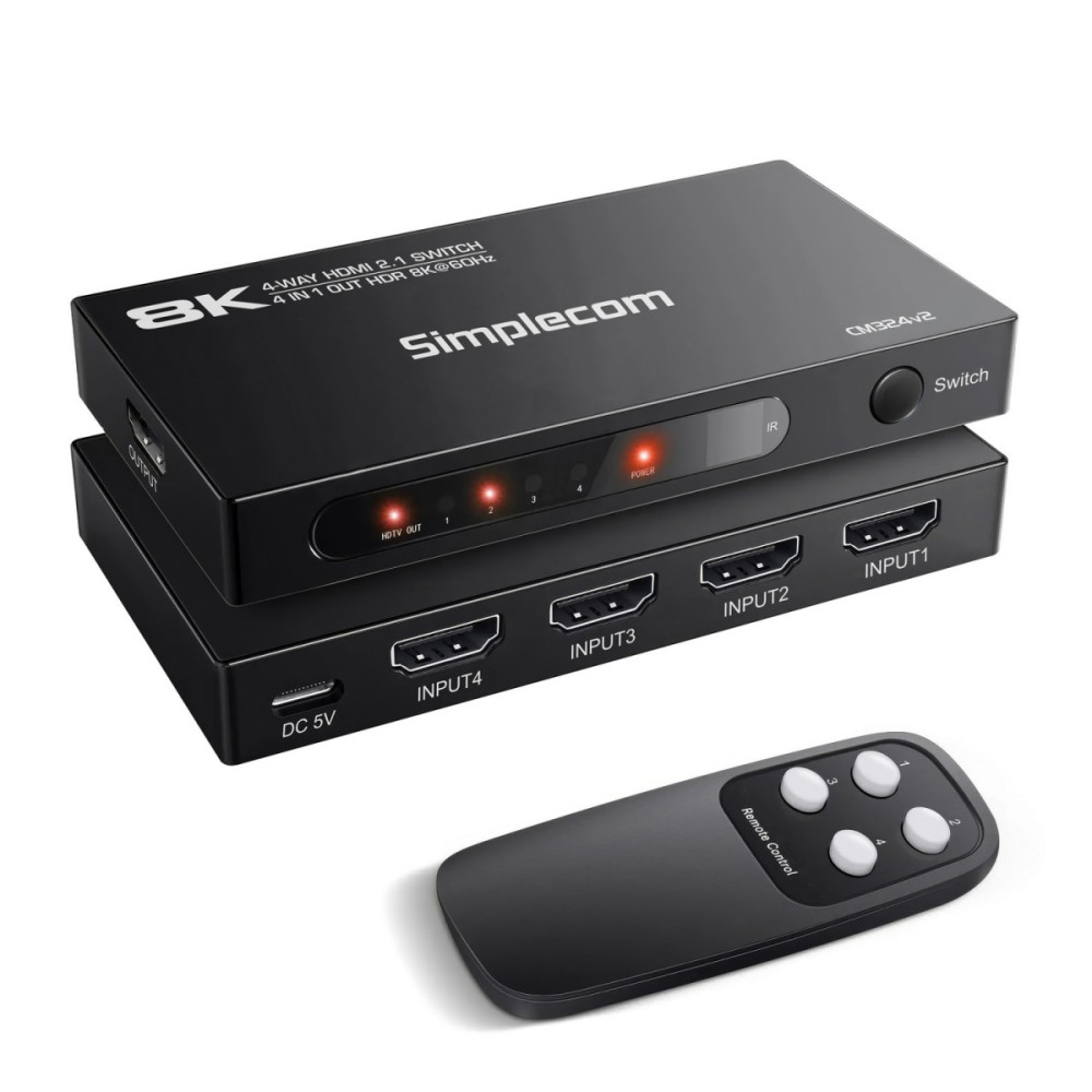 Simplecom CM324V2 4-Port HDMI 2.1 Switch 4 IN 1 OUT Splitter HDCP 2.3 8K@60Hz - Image 1