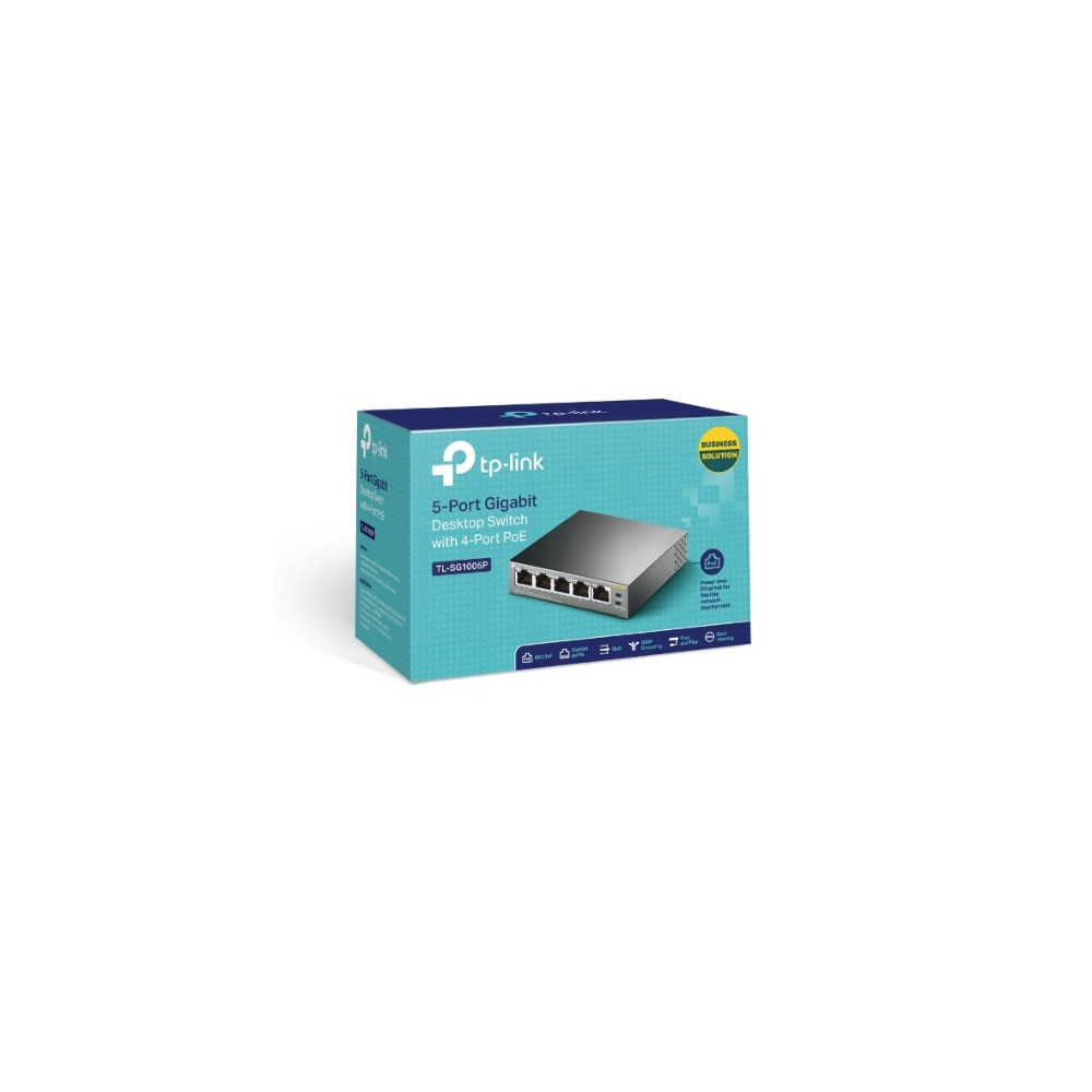 TP-LINK TL-SG1005P (CH) 5-Port Gigabit Desktop Switch with 4-Port PoE, 5 Gigabit RJ45 ports including 4 PoE ports, 56W PoE Power supply, steel case - Image 1