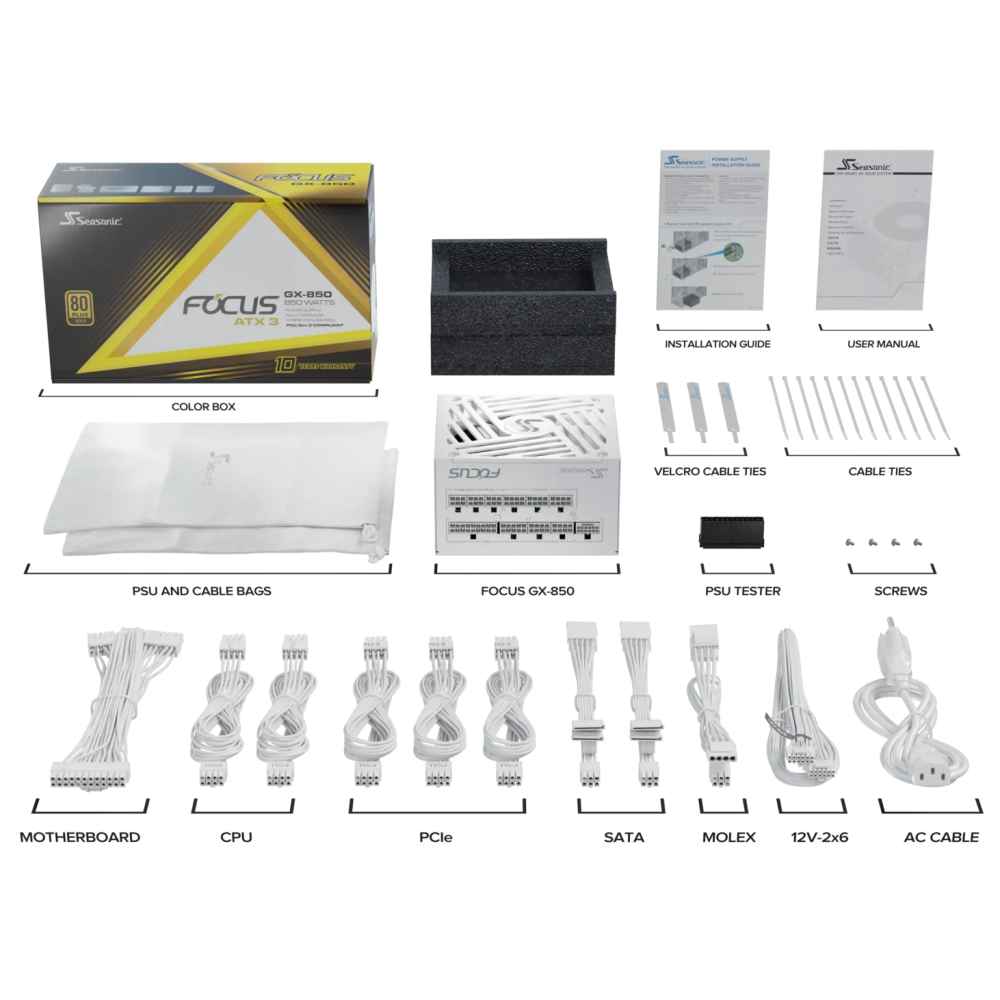 Seasonic PSUSEAFOCUSGXWHITE850V4 850W Focus GX-850 V4 WHITE Fully-Modular 80 PLUS Gold ATX3.1/PCIe 5.1 PSU - Image 11