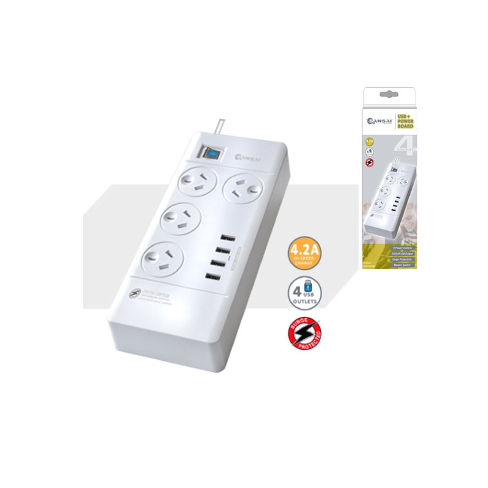 Generic PAD-4044C Sansai 4 Outlets & 4 USB Outlets Surge Protected Powerboard Master On/Off switch 1M lead & Right angle plug 230-240VAC IV Retail box - Image 1