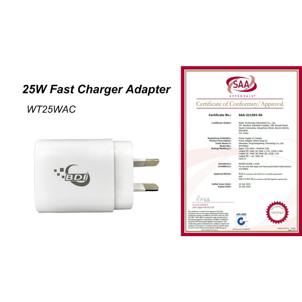 BDI ELEBDITSC25WACA 25W PD Quick Charger AU plug with USB-A and Type-C Ports - Image 5