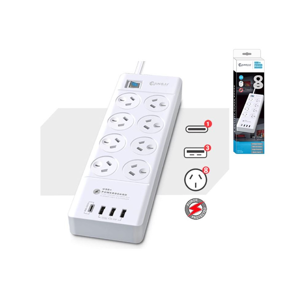 Generic PAD-8088 Sansai 8 Outlet 3*USB-A & 1*USB-C Powerboard Master On/Off switch Surge and overload protected 1M 20W 220-240V 10A IV Retail box - Image 1