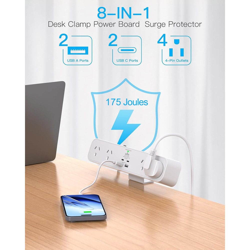 Chosen Brother POWCB48DC PD 30W Desk Clamp Powerboard Fast Charging Station, 4 Outlets with 2 USB-C 2 USB-A, Surge Protected, 1.5M Extension Cord Desktop Mounted - Image 4