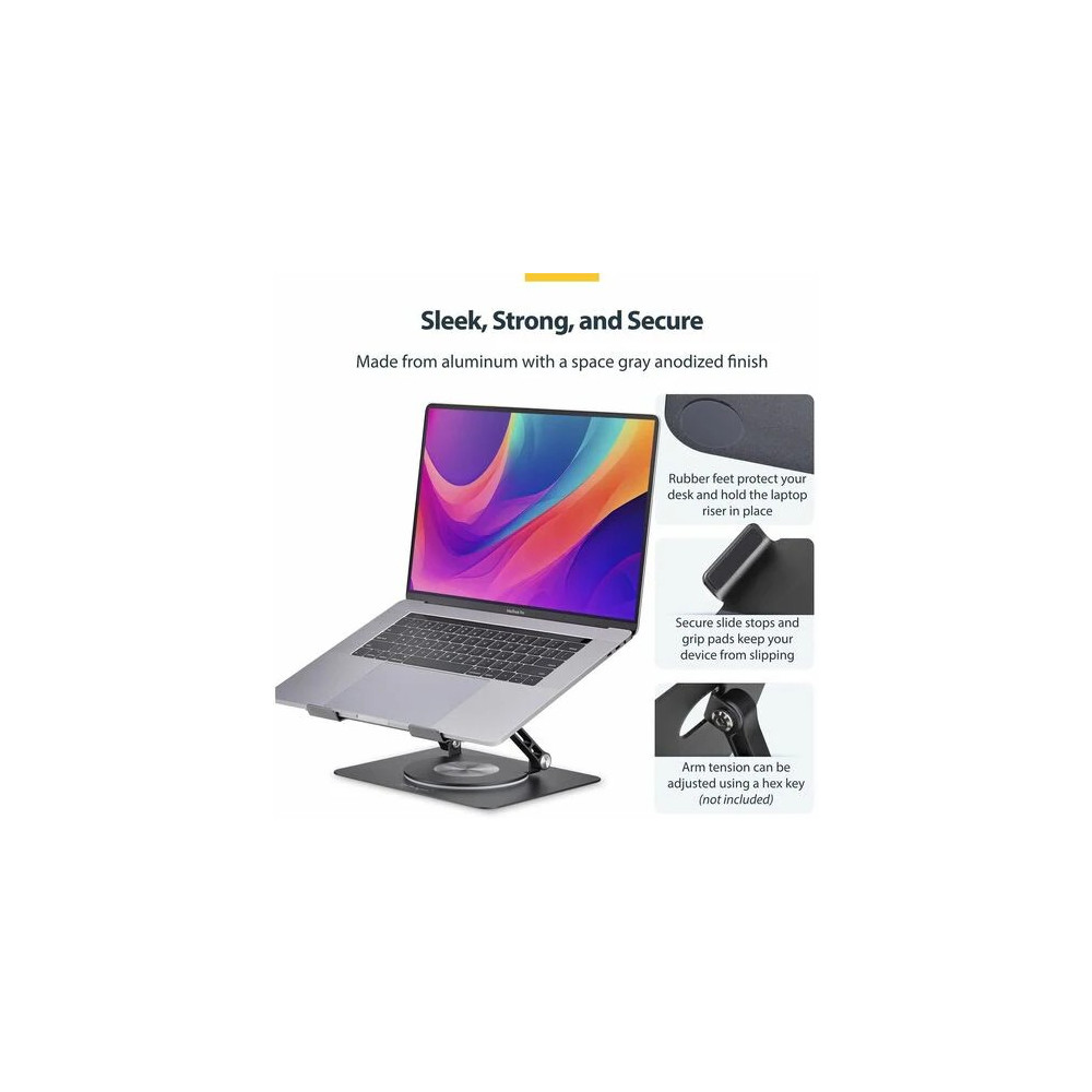 StarTech ATFR-LAPTOP-RISER Rotating Laptop Stand, 360 Swivel, Ergonomic Desk Riser for Computer, Adjustable Height/Tilt, Max 11lb, Aluminum, Portable - Raise a laptop to eye level for improved posture and all-day comfort - Height-adjustable arms - Image 6