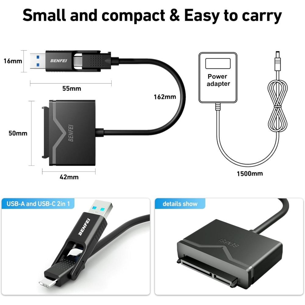 BENFEI 6971785940437 000221BK USB 3.0 to SATA III Hard Drive Adapter Compatible for 2.5 3.5 Inch HDD/SSD Hard Drive Disk with 12V/2A Power Adapter, Support UASP - Image 7