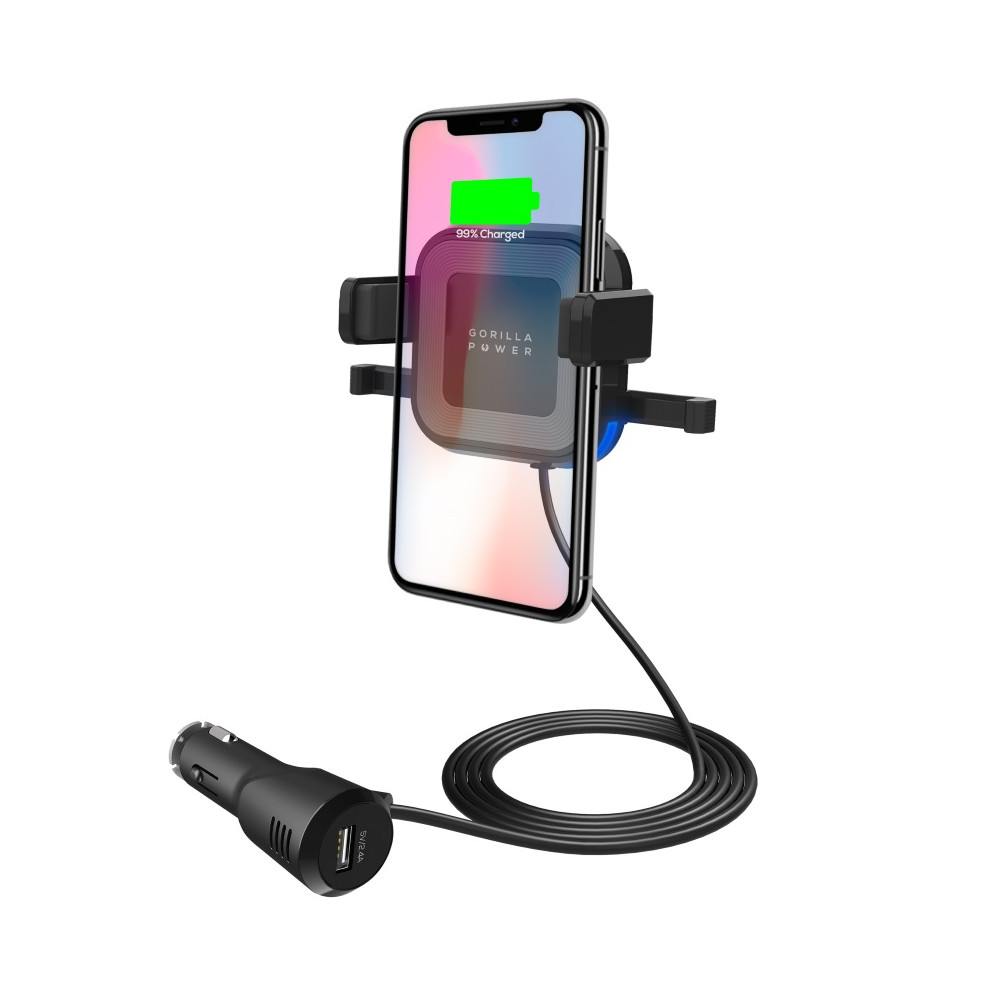 MBEAT MB-WCS-02 （LS） Gorilla Power 10W Wireless Car Charger with 2.4A USB Charging, Air Vent Clip & Windshield Stand Black Package - Image 1