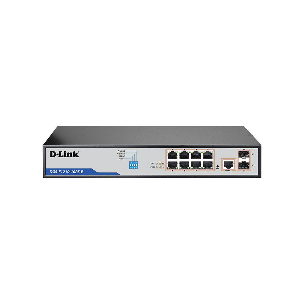 D-Link DGS-F1210-10PS-E 10P GIGABIT SMART MANAGED POE+ SWITCH WITH 8 LONG REACH POE PORTS (142W) AND 2 SFP - Image 1