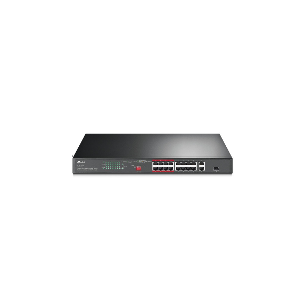 TP-LINK TL-SL1218P 16-Port 10/100 Mbps + 2-Port Gigabit Rackmount Switch with 16-Port PoE+, Up to 150W for all PoE ports, Up to 30W for each PoE port