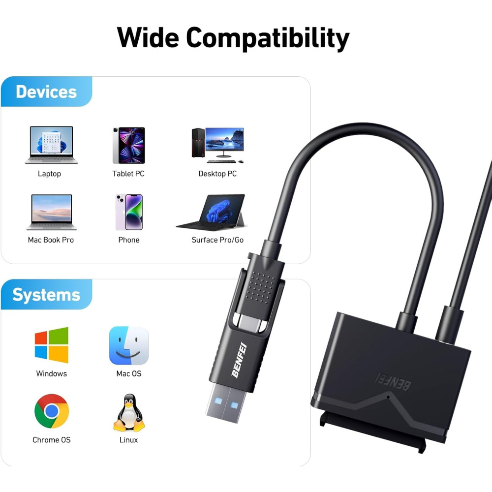 BENFEI 6971785940437 000221BK USB 3.0 to SATA III Hard Drive Adapter Compatible for 2.5 3.5 Inch HDD/SSD Hard Drive Disk with 12V/2A Power Adapter, Support UASP - Image 6