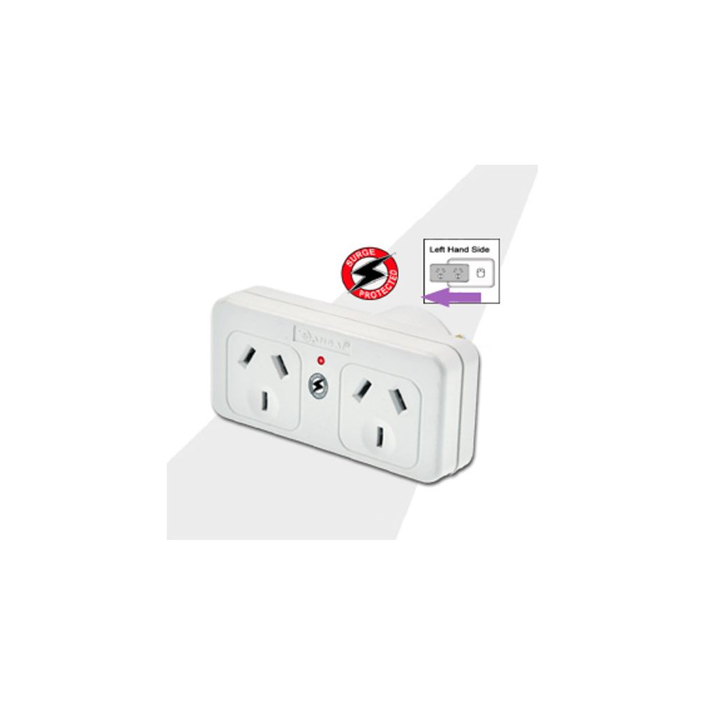 Generic PAD-017LS Sansai Surged Protected Double Adaptor Left Side Active Indicator 10A 240V AC - Image 1