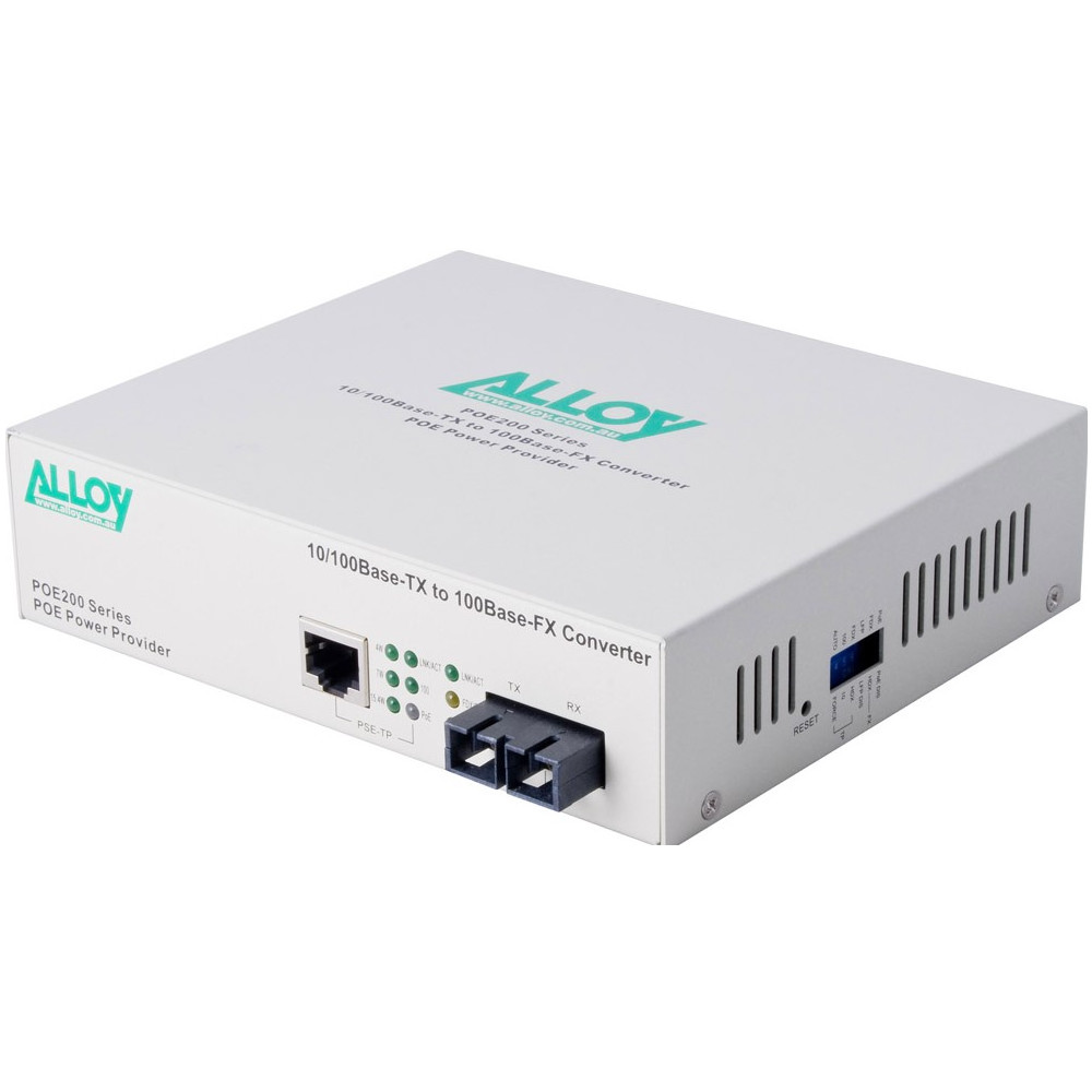 Alloy POE200SC PoE PSE Fast Ethernet Media Converter, has a 10/100Mbps PoE RJ-45 port and a SC terminated multimode fibre port - Image 1