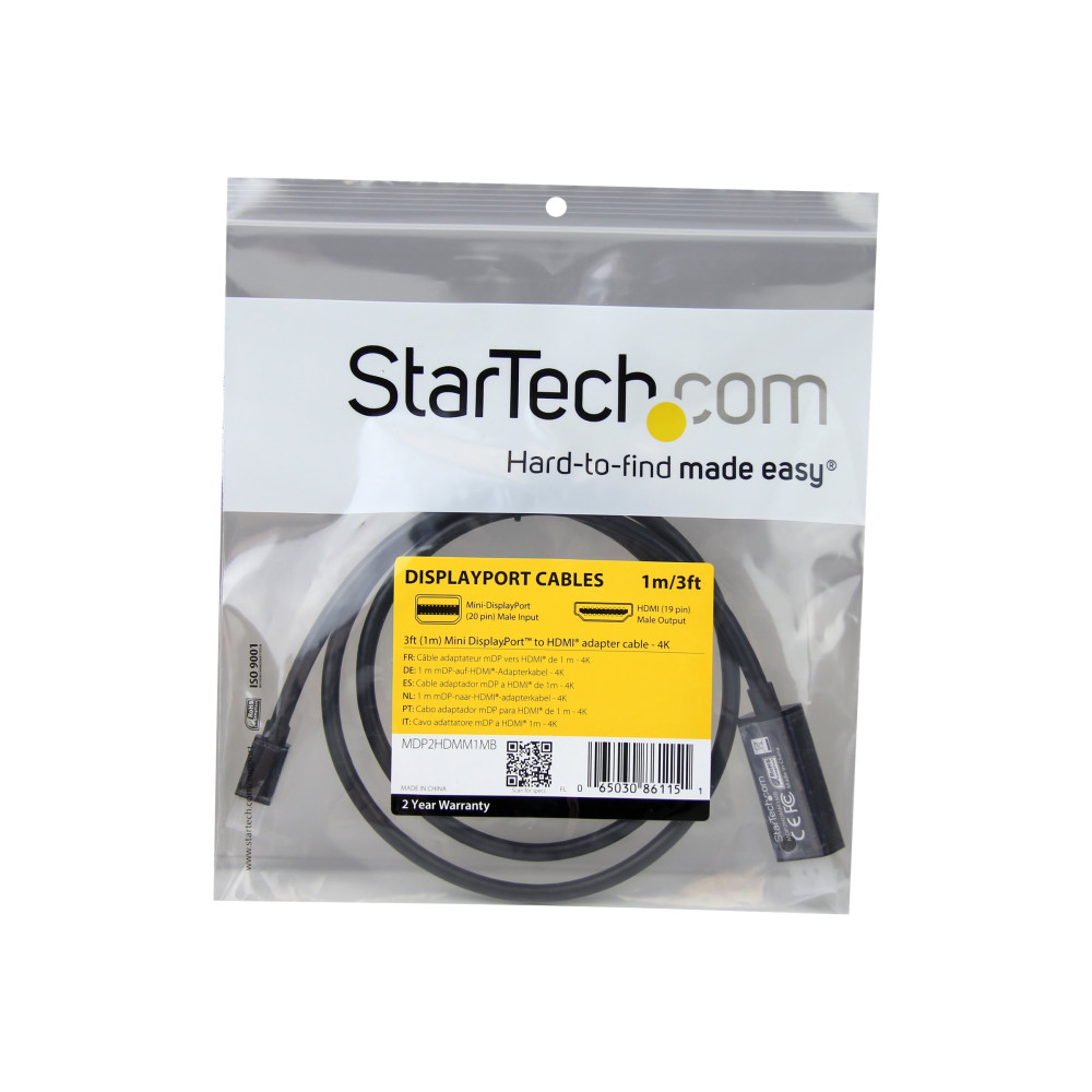 StarTech MDP2HDMM1MB 1M mDP TO HDMI ADAPTER CABLE, 4K, BLACK, 3YR - Image 1