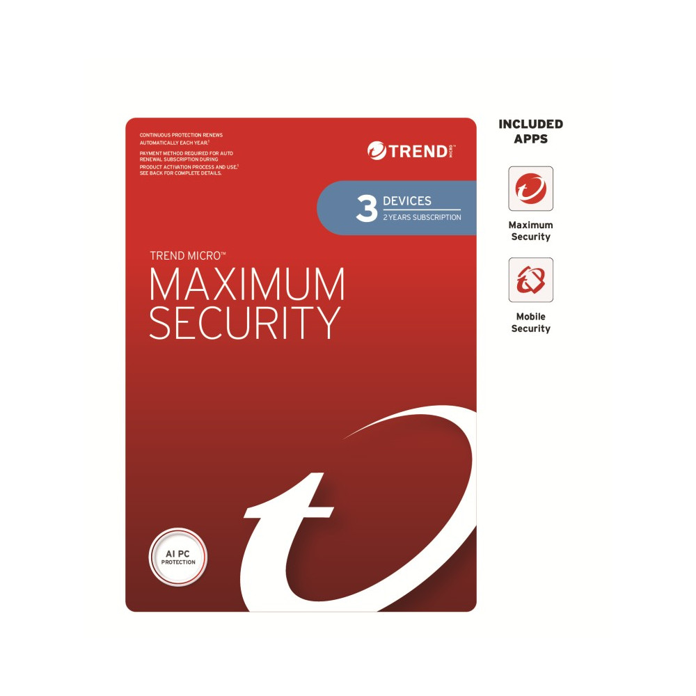 Trend Micro TICEWWMFXSCXFW Maximum Security (3 Devices) 2 Year Retail Mini Box Auto Renew - Image 1