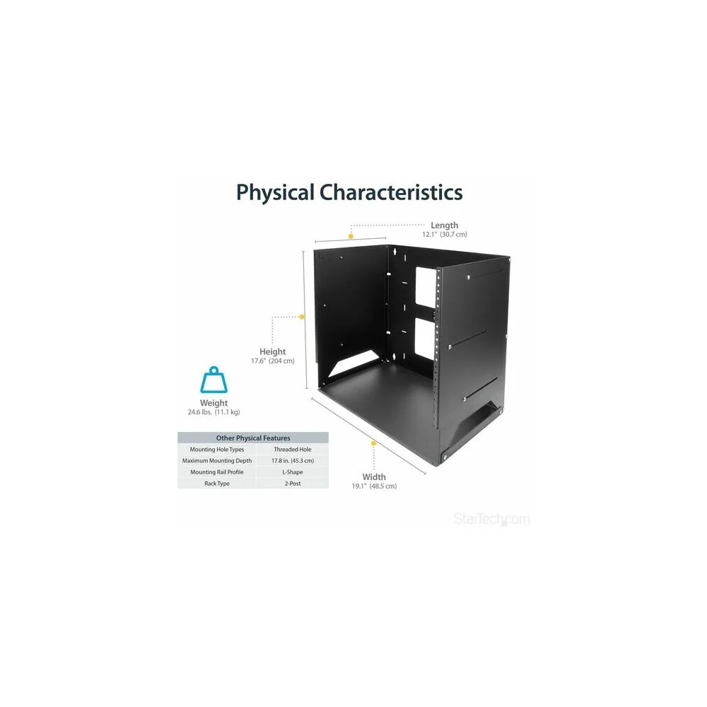 StarTech WALLSHELF8U 2 POST 8U OPEN FRAME WALL MOUNT NETWORK RACK, BUILT-IN SHELF, LTW - Image 6