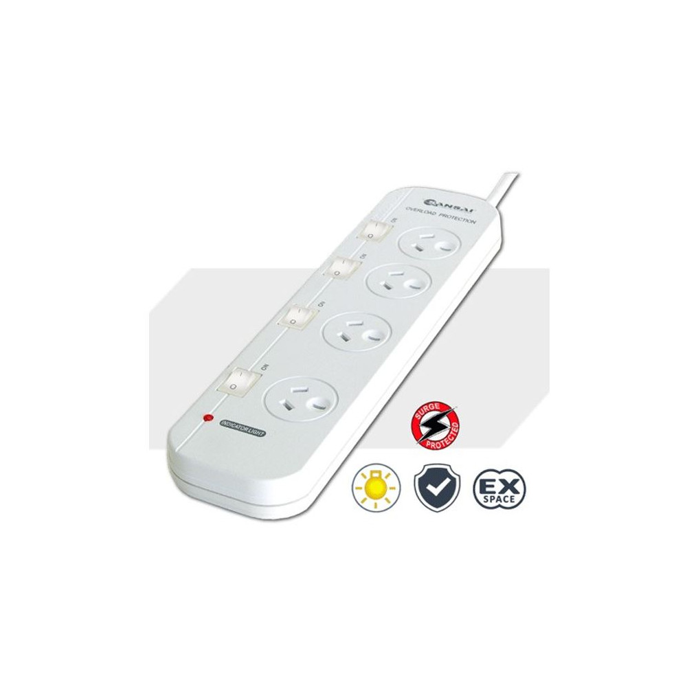 Generic PAD-421SW Sansai 4-Way Power Board (421SW) with Individual Switches and Surge Protection 2 Extra Spaced Sockets Indicator Light 100CM Lead 240VAC 50Hz 10A - Image 1