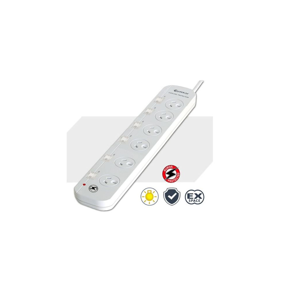 Generic PAD-661SW Sansai 6-Way Power Board (661SW) with Individual Switches and Surge Protection Overload Protected Reset button Indicator Light 100CM Lead 240VAC 10A - Image 1