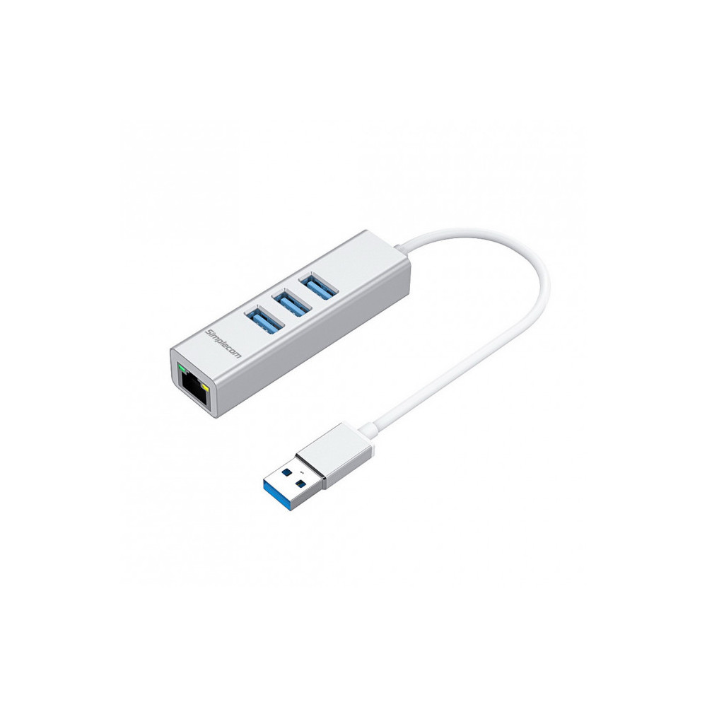 Simplecom CHN420-SILVER CHN420 Silver Aluminium 3 Port SuperSpeed USB HUB with Gigabit Ethernet Adapter - Image 1