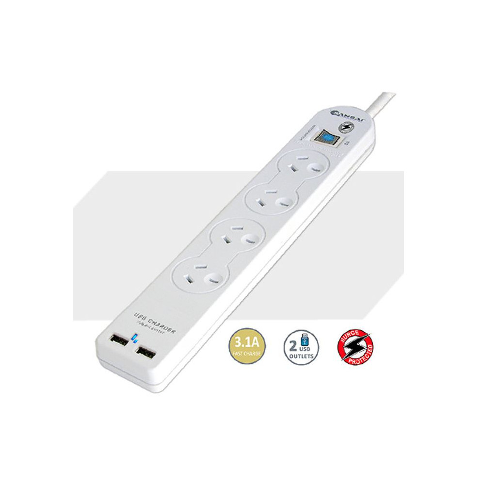 Generic PAD-503USB Sansai 4 Way Basic Powerboard USB Ax2 4 Outlets Master Switch Surge and overload protection1M Length - Image 1
