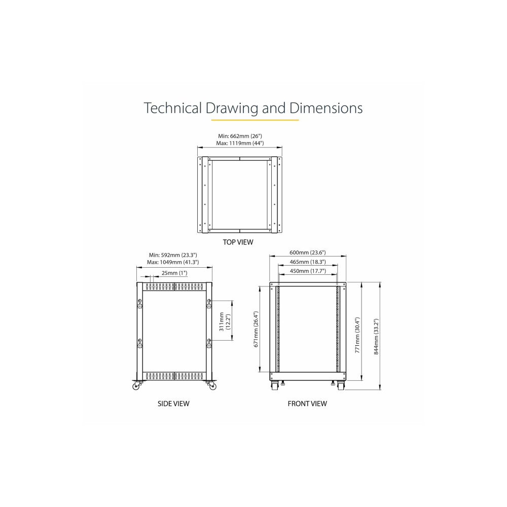 StarTech 4POSTRACK15U 19" 15U OPEN FRAME SERVER RACK, ADJUSTABLE DEPTH, ROLLING, 2YR - Image 2