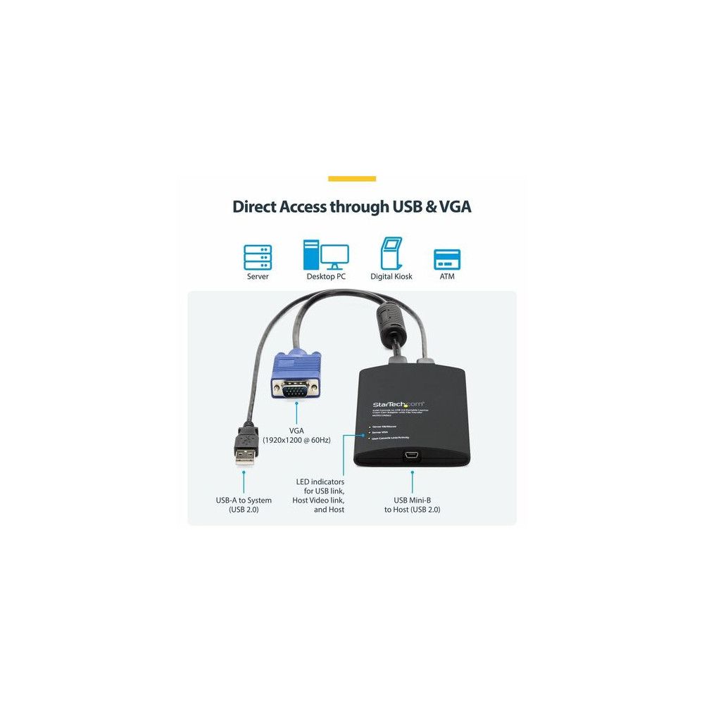 StarTech NOTECONS02 USB Crash Cart Adapter with File Transfer & Video Capture at 1920 x1200 60Hz, TAA - KVM adapter accesses any VGA and USB system - Instant BIOS-level control - Video capture at 1920 x 1200 60Hz - Share troubleshooting info wit - Image 4
