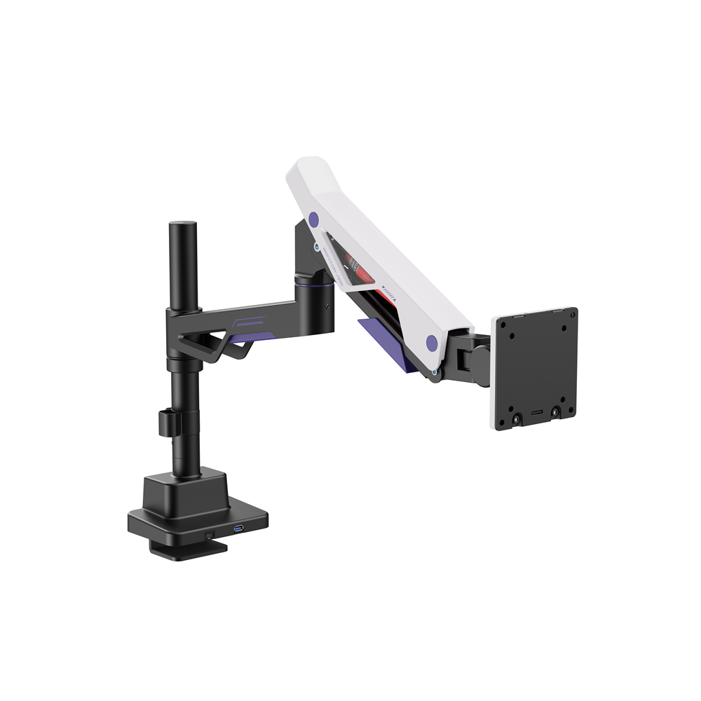 Brateck LDT95-C012UCP-BLKWH LDT95-C012UCP Atlas Neo Gaming Pole-Mounted Monitor Arm with USB-A & USB-C Ports For most 24'~57' Monitors, Matte Black & White - Image 1