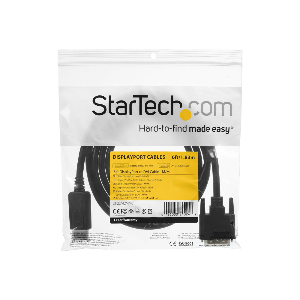 StarTech DP2DVI2MM6 2M DP TO DVI ADAPTER CABLE, M/M, 3YR - Image 1