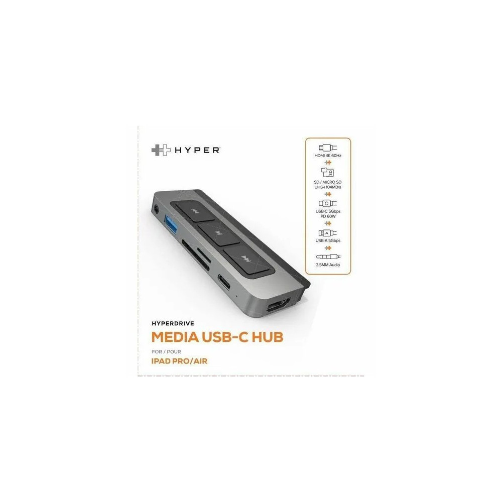 Targus HD449 HyperDrive 6 Port(s) USB Type C Docking Station for iPad, Monitor, Headphone - Memory Card Reader - SD - 60 W Power Supply - Silver - 4K @ 60Hz - 3840 x 2160 - 2 x USB Ports - 1 x USB Type-A Ports - USB Type-A - 1 x USB Type-C Ports - Image 5