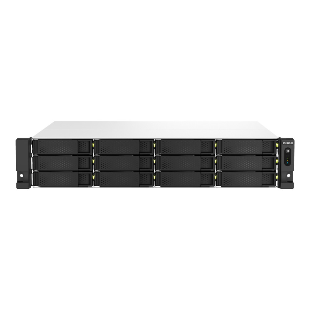 QNAP TS-1264U-RP-8G ,2U 12-Bay rackmount NAS, Intel Celeron N5095 quad-core, 8 GB onboard not expandable, 12 x 3.5"/2.5" SATA 6Gb/s drive bays, 2 x 2.5GbE, 3 Yrs