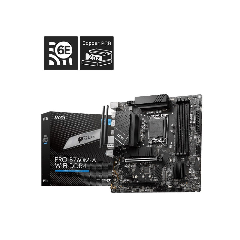 MSI PRO B760M-A WIFI DDR4 mATX Motherboard, 4x DDR4~128GB, 2x PCI-E x 16, 1x PCI-E x 1, 2x M.2, 4x SATA, 4x USB 3.2 , 2x USB 2.0 - Image 1