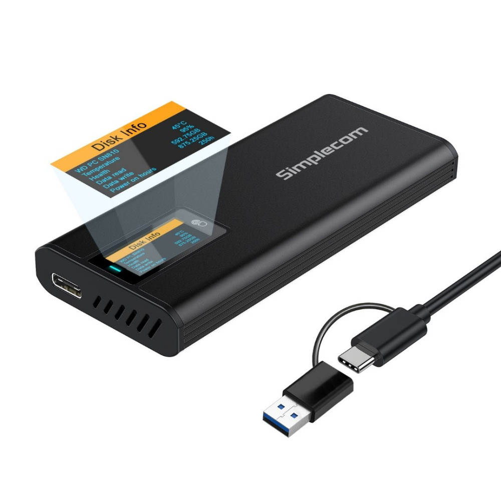 Simplecom SE530 NVMe / SATA M.2 SSD to USB-C Enclosure with SMART LED Screen USB 3.2 Gen 2 10Gbps - Image 1