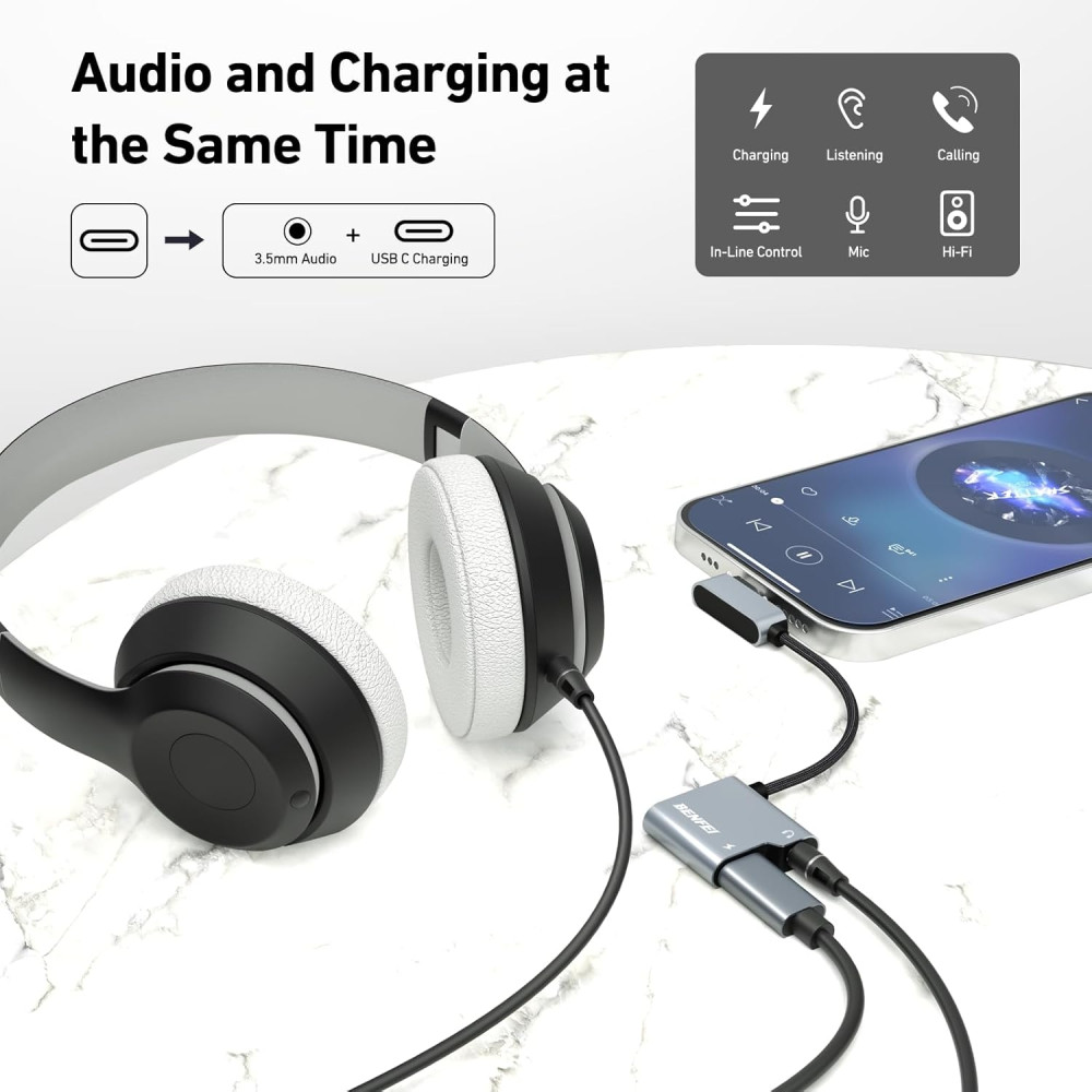 BENFEI 6971785943360 000361GY USB C to Audio Jack Adapter with 60W Fast Charging for iPhone 15 /16, Samsung - Image 3