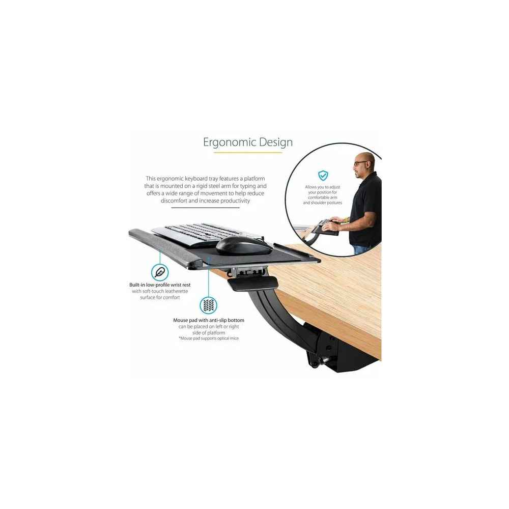 StarTech KBTRAYADJ2 Under Desk Keyboard Tray, Height Adjustable Keyboard and Mouse Tray (10" x 26"), Ergonomic Computer Keyboard Tray w/Mouse Pad - 144.8 mm Height x 711.2 mm Width - Black - Steel - Image 6