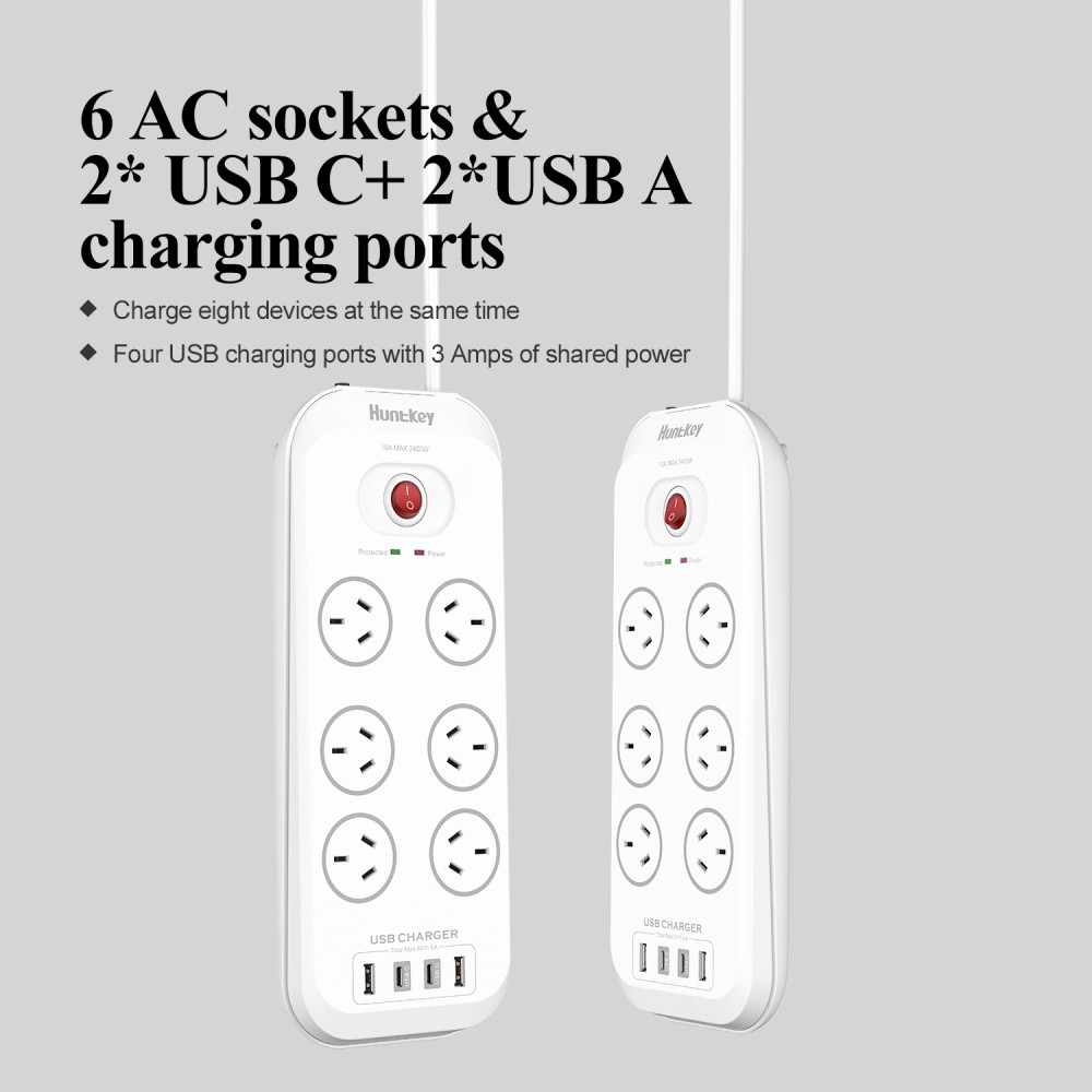 Huntkey PSUHUNSAC607C SAC607C 6 Outlets Surge Protector Powerboard with 2x USB-A & 2x USB-C - Image 5