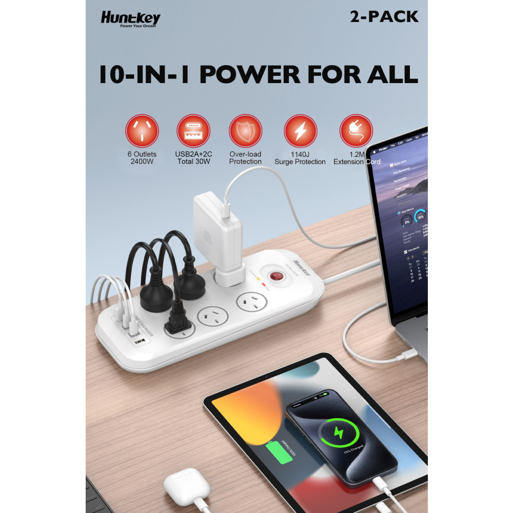 Huntkey PSUHUNSAC607C SAC607C 6 Outlets Surge Protector Powerboard with 2x USB-A & 2x USB-C - Image 14