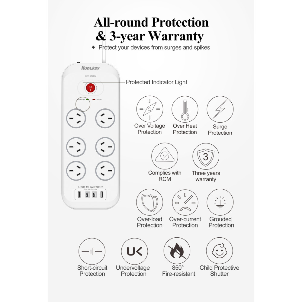Huntkey PSUHUNSAC607C SAC607C 6 Outlets Surge Protector Powerboard with 2x USB-A & 2x USB-C - Image 4