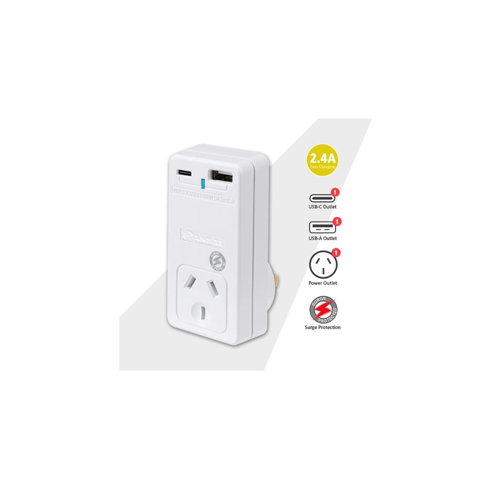 Generic PAD-301USB Sansai USB C + A 2xUSB charging Outlets Power Adaptor 240V 10A Power status indicator Wall Charger - Image 1