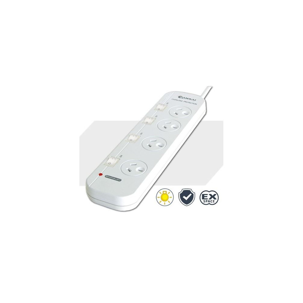 Generic PAD-054SW Sansai 4 Way Powerboard 4 Outlet 10A 240V Individually Switched 2 extra spaced sockets 1M Length - Image 1
