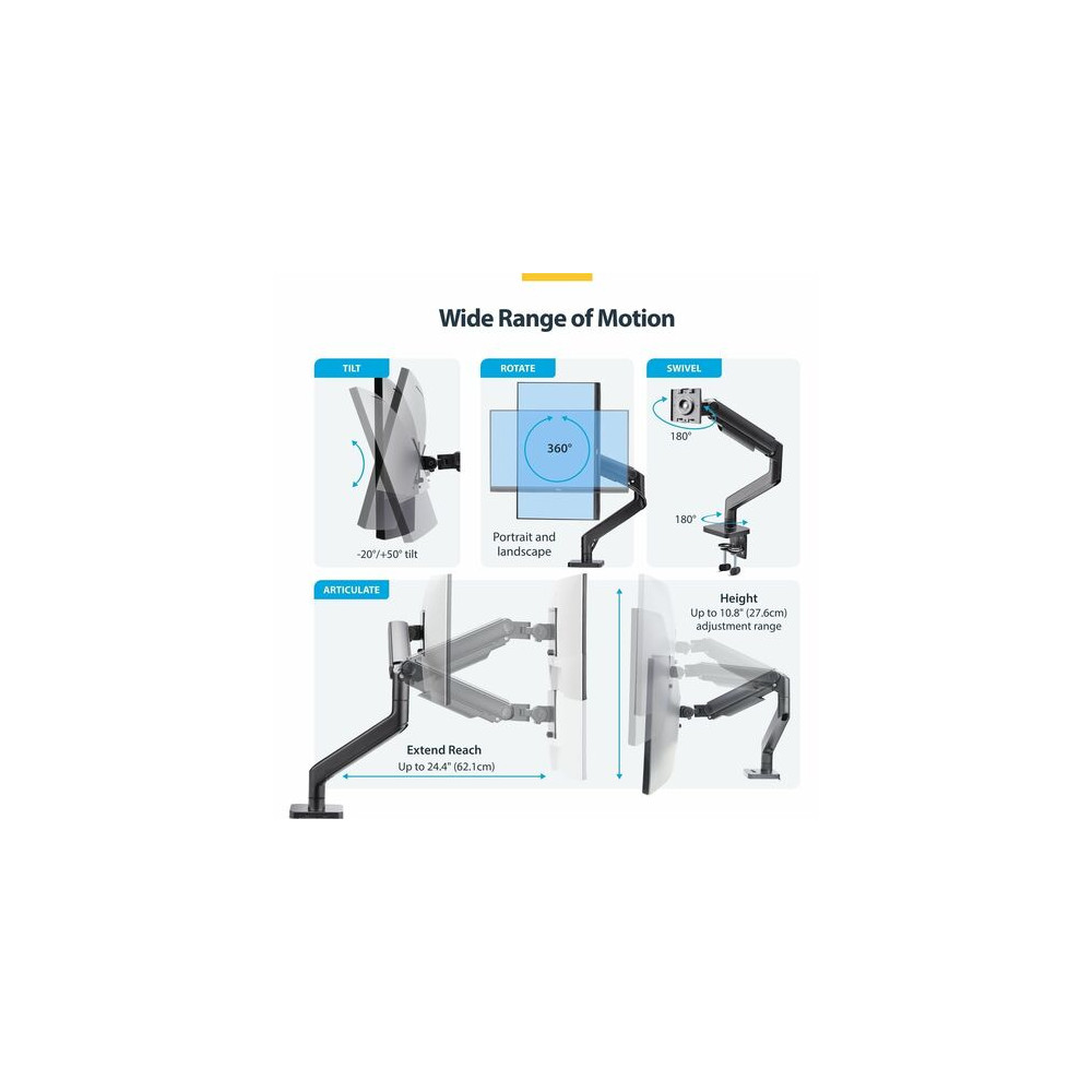 StarTech H1M1AG1-MONITOR-ARM Monitor Desk Mount for up to 49in 32:9 Ultrawide Curved Screen, Mechanical Spring Arm, C-Clamp/Grommet, Max Weight 44lb/20kg - Monitor Desk Mount for up to 49in 32:9 ultrawide curved screens - VESA 75x75/100x100 - Me - Image 4