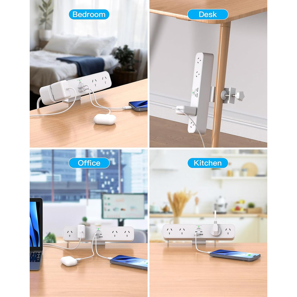 Chosen Brother POWCB48DC PD 30W Desk Clamp Powerboard Fast Charging Station, 4 Outlets with 2 USB-C 2 USB-A, Surge Protected, 1.5M Extension Cord Desktop Mounted - Image 6