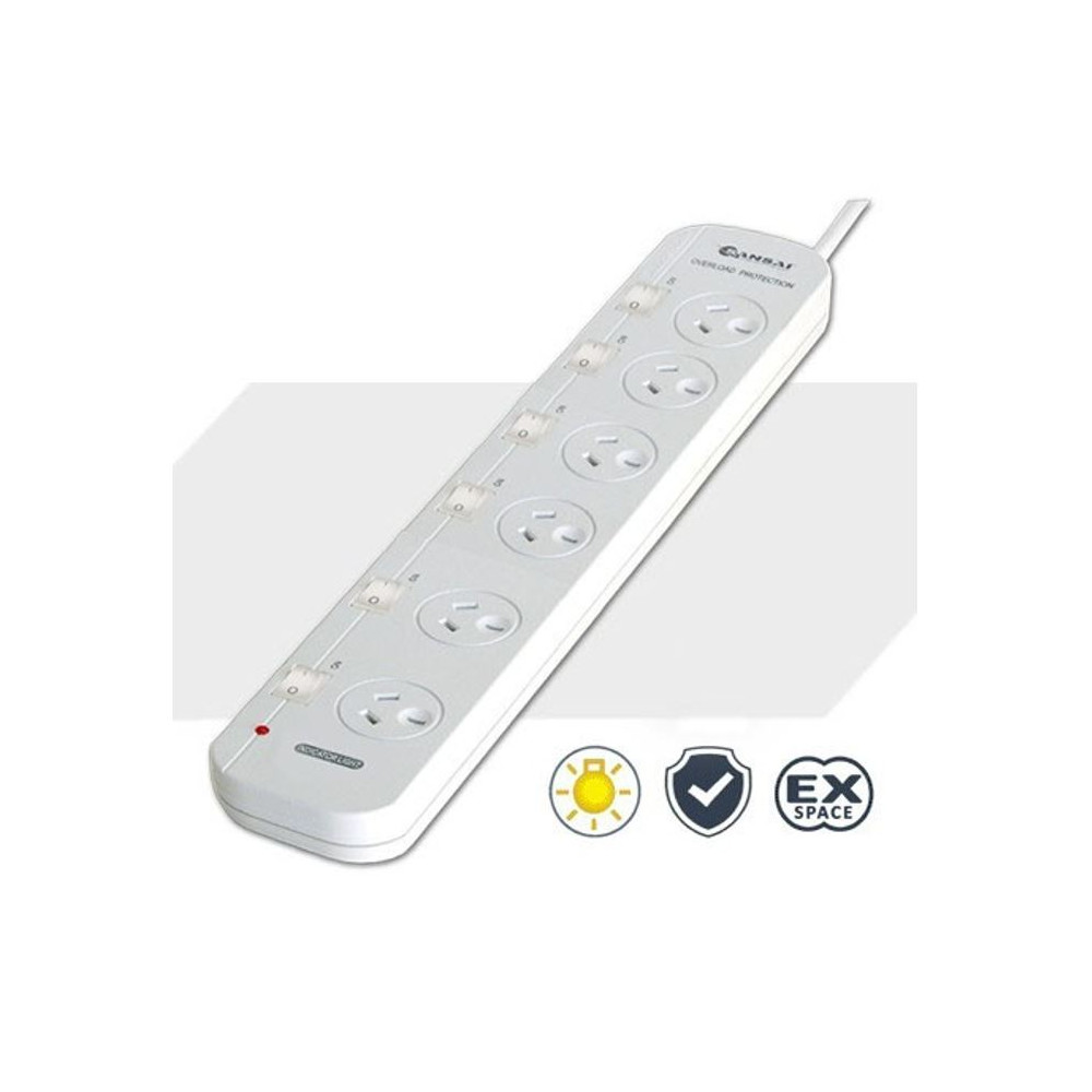 Generic PAD-056SW Sansai 6 Way Powerboard 6 Outlet 10A 240V Individually Switched 3 extra spaced sockets 1M Length - Image 1